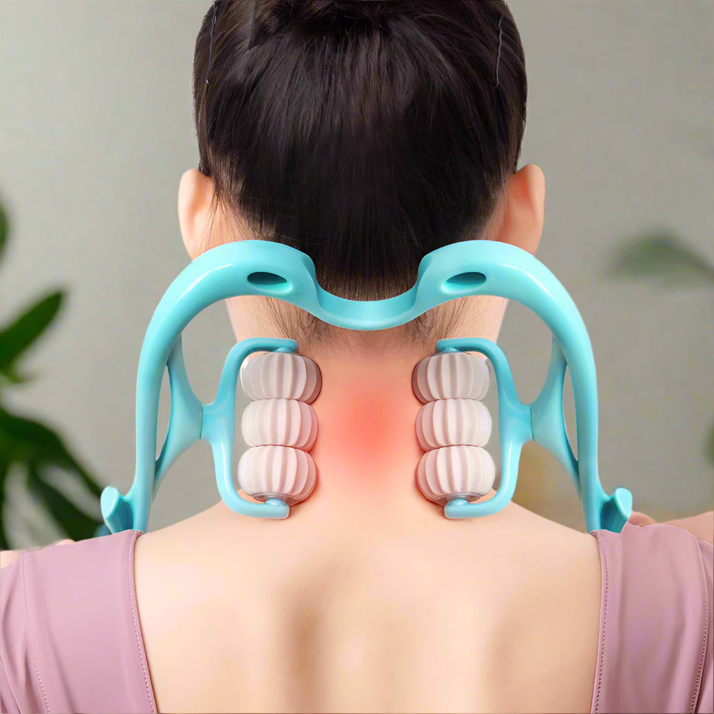 Person using a turquoise neck and shoulder massager on a white background