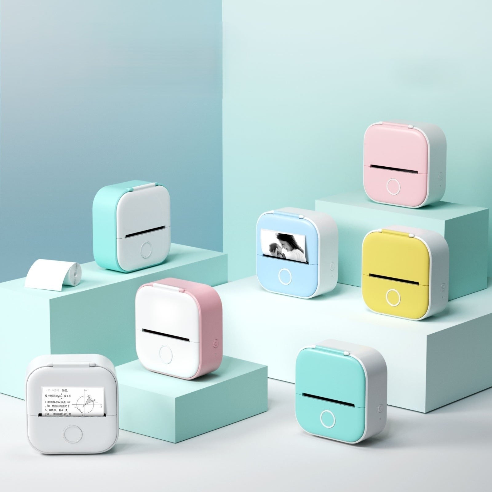 Multiple small printers in various colors on a light blue background