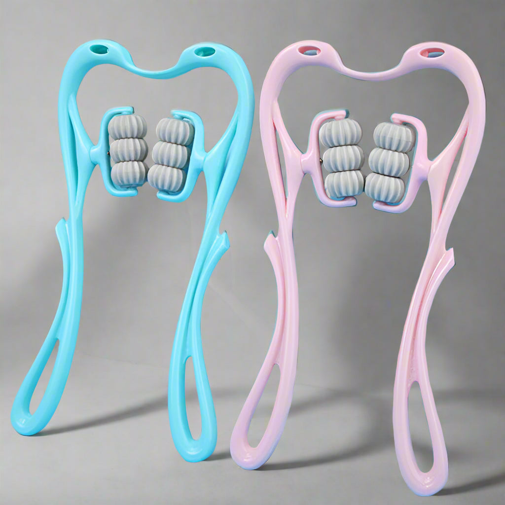 Two handheld massage tools, one blue and one pink, on a light blue background.