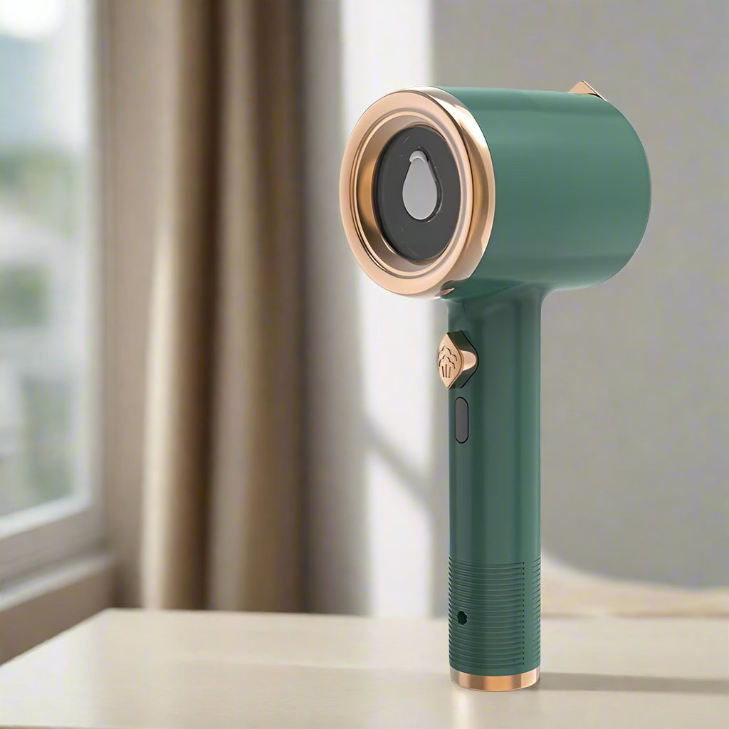 Green handheld device with gold accents on a surface near a window
