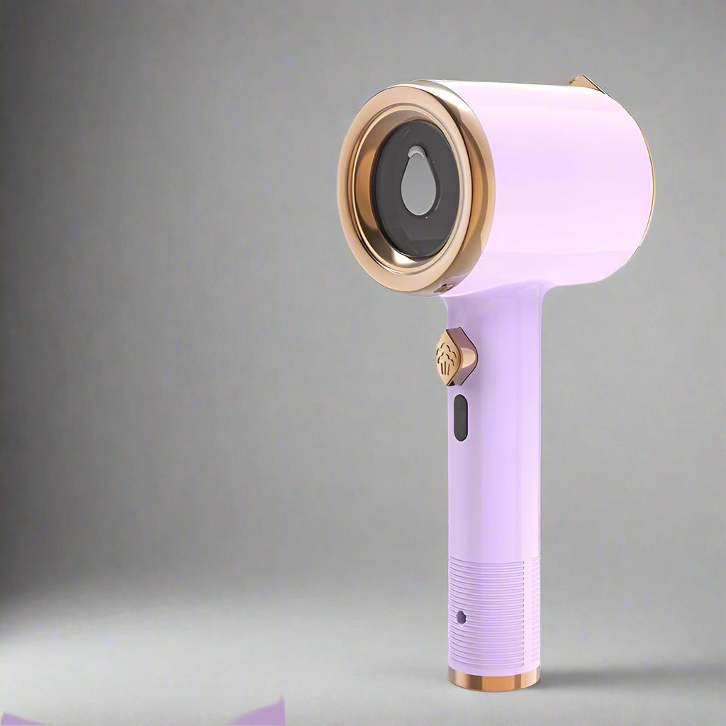 Purple handheld device with gold accents on a gray background