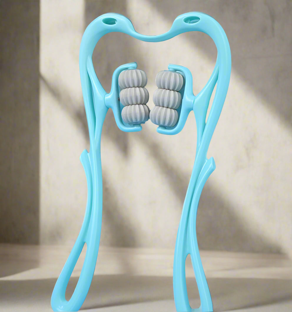 Light blue facial roller with gray rollers on a light blue background